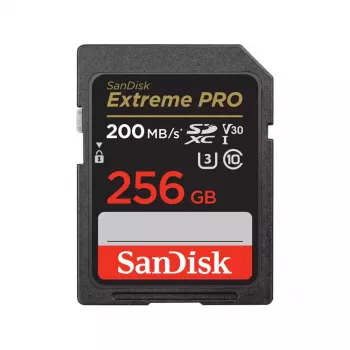 SDXC paměťová karta SANDISK Extreme PRO 256 GB UHS‑I U3 V30 Class 10 — čtení 200 MB/s, zápis až 140 MB/s, odolná proti nárazu