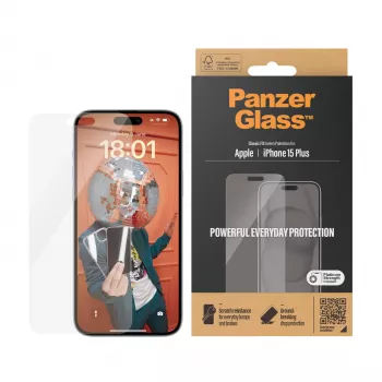 PanzerGlass ® Ochranná fólie na displej iPhone 15 Plus | Classic Fit, Apple, Apple - iPhone 15 Plus, suchá aplikace, odolná proti poškrábání, odolná proti nárazu, transparentní, 1 ks