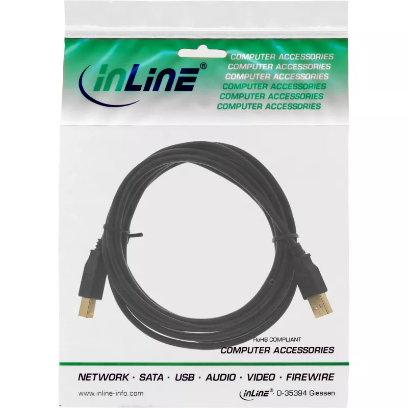 InLine 34550S USB 2.0 kabel Type-A samec / Type-B samec, pozlacený, 10 m, černý