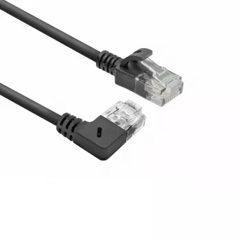 ACT černý 0,15 metru U/UTP CAT6A LSZH Slimline patch kabel s konektory RJ45, 90° zalomený vpravo na rovný