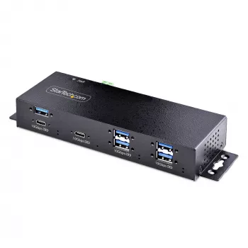 StarTech.com 7portový průmyslový USB 10 Gbit/s hub s napájecím adaptérem, kovový, montovatelný, 5x USB-A a 2x USB-C downstream porty, ESD ochrana, napájený USB hub, TAA
