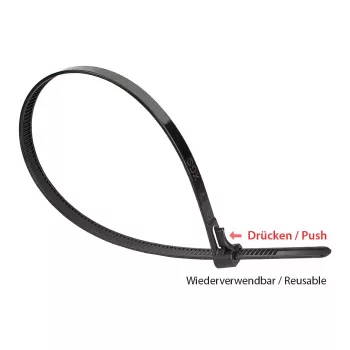 Opakovaně použitelná stahovací páska 150 mm x 7,2 mm, černá, UV odolná, -40 °C až +85 °C, 100 ks (KAB-R15S72)
