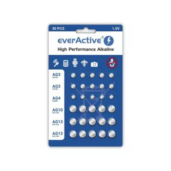 Alkalické baterie everActive AGMIX30BL 1,5 V — balení 30 ks, knoflíkové články