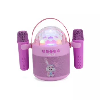 Dětská karaoke sada AKAI JoyBox s Bluetooth, USB, MicroSD, AUX, FM rádiem, RGB světly, měničem hlasu, drátovým mikrofonem, nabíjecí baterií 1200mAh, 5W RMS