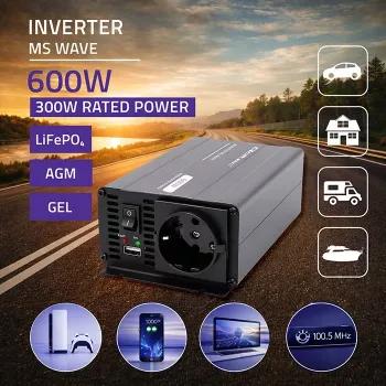 Qoltec MS Wave měnič napětí 12V na 230V 300/600W USB kompatibilní s LiFePO4 GEL AGM