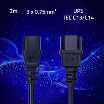Napájecí kabel QOLTEC IEC C13 C14 3x0,75mm² čistá měď 1,8m černý