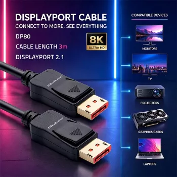 Qoltec DisplayPort 2.1 kabel 3m 8K 54Gbps samec na samce