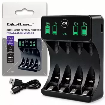 Qoltec 50968 nabíječka NiMH akumulátorů pro AA/AAA s LCD a kabelem USB-C, černá