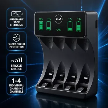 Qoltec 50968 nabíječka NiMH akumulátorů pro AA/AAA s LCD a kabelem USB-C, černá