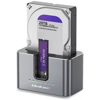 Qoltec 2in1 dokovací stanice HDD SSD SATA M.2 NVMe s klonováním, USB-C 3.2 Gen 2, 10Gbps, až 28 TB, hliník