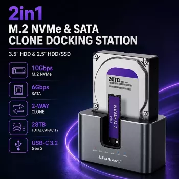 Qoltec 2in1 dokovací stanice HDD SSD SATA M.2 NVMe s klonováním, USB-C 3.2 Gen 2, 10Gbps, až 28 TB, hliník