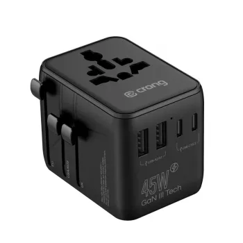 Crong One World cestovní adaptér GaN 45W UK/EU/US/AU černý