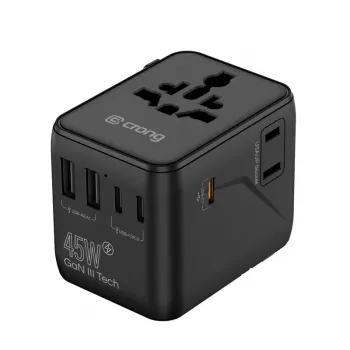Crong One World cestovní adaptér GaN 45W UK/EU/US/AU černý