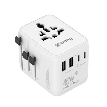 Crong One World cestovní adaptér GaN 45W UK/EU/US/AU bílý