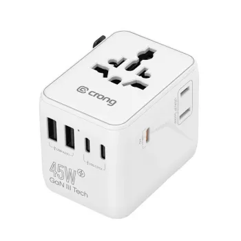 Crong One World cestovní adaptér GaN 45W UK/EU/US/AU bílý