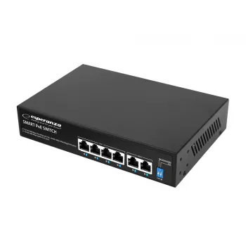 ESPERANZA 6portový PoE+ gigabitový switch 65W GOLIATH (4 porty PoE+, 2 uplinky, 12 Gbps, bezventilátorový kovový)