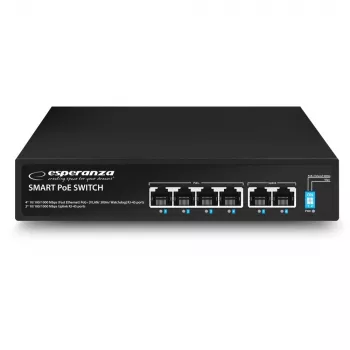ESPERANZA 6portový PoE+ gigabitový switch 65W GOLIATH (4 porty PoE+, 2 uplinky, 12 Gbps, bezventilátorový kovový)