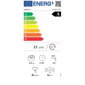 Gorenje WG2P84A32/PL volně stojící pračka s předním plněním, 8 kg, 1400 ot/min, energetická třída A, bílá