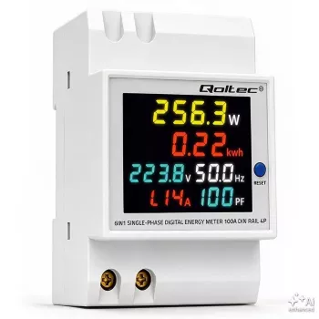 Jednofázový energetický měřič Qoltec 6v1 na DIN lištu s 100A CT, 230V, LCD, pulzní výstup