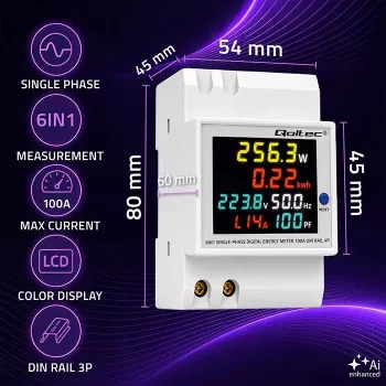 Jednofázový energetický měřič Qoltec 6v1 na DIN lištu s 100A CT, 230V, LCD, pulzní výstup