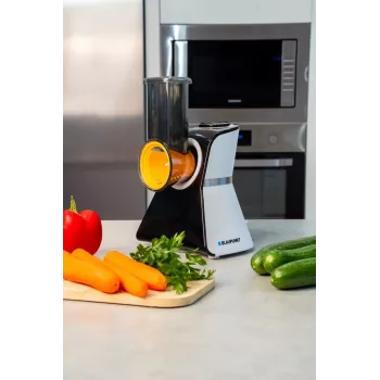 Elektrický kráječ potravin Blaupunkt Slicer FPS502 150 W, nerezový ozubený nůž 190 mm, nastavitelná tloušťka řezu 0-15 mm, černý/stříbrný
