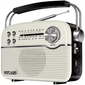 SVEN SRP-500 přenosný Bluetooth reproduktor, bílý (3W, FM/AM/SW rádio, USB, microSD, AUX, baterie)