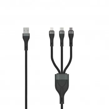 SEEK TOTI USB-A na Micro USB / USB-C / Lightning 1,5m splétaný kabel 2A (Non-MFI) černý