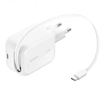 Belkin UltraCharge 45W Dual GaN retractable USB-C nabíječka bílá