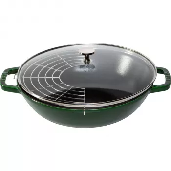 Wok STAUB 30 cm s poklicí litina bazalkově zelený