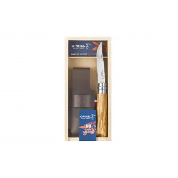 OPINEL No. 08 Olive Wood Folding Knife with Leather Sheath in Gift Box