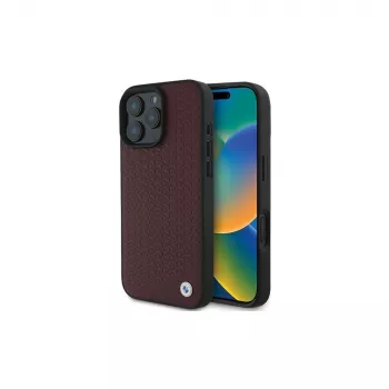 Pevné pouzdro BMW pro iPhone 16 Pro Max červené, Sign Leather, Diamond Metal Logo, MagSafe
