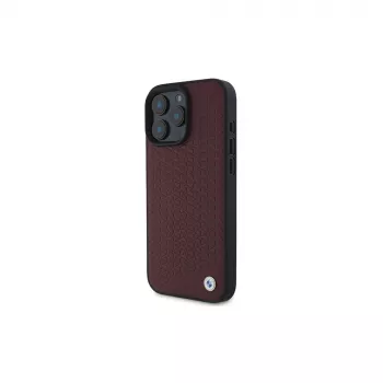Pevné pouzdro BMW pro iPhone 16 Pro Max červené, Sign Leather, Diamond Metal Logo, MagSafe