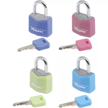 Visací zámek Master Lock 9120EURQCOLNOP 20 mm z masivního hliníku na klíč, 4 ks, mix barev modrá zelená růžová fialová