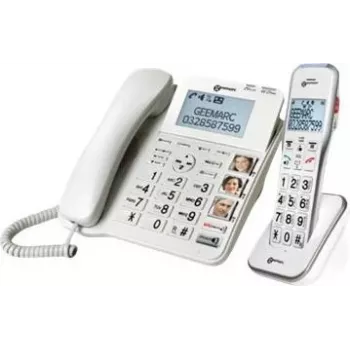Drátový seniorský telefon s záznamníkem Geemarc DECT595 COMBI, hands-free, optická signalizace volání, kompatibilní se sluchadly, včetně nouzového vysílače (DECT595_COMBI_WH_VDE)