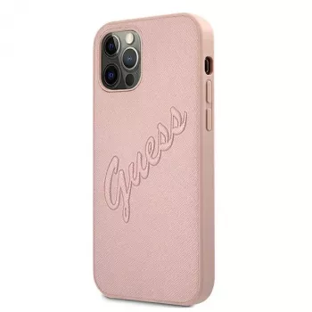 Guess GUHCP12LRSAVSRG Saffiano Vintage Script Hard Case for Apple iPhone 12 Pro Max, Pink