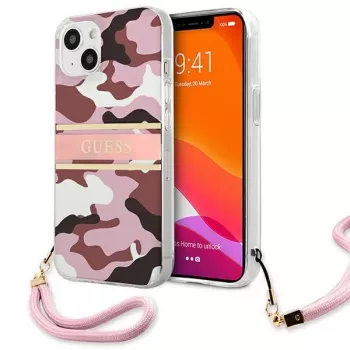 Guess GUHCP13MKCABPI Hard Case for iPhone 13 / 14 / 15 6.1 inch Pink Camo Strap Collection