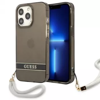 Guess GUHCP13LHTSGSK průsvitné pevné pouzdro s poutkem na ruku pro Apple iPhone 13 Pro / iPhone 13, černé