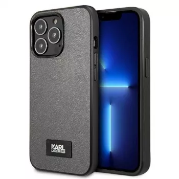 Karl Lagerfeld KLHCP13XSFMP2DG pevné pouzdro pro Apple iPhone 13 Pro Max 6,7 inch stříbrné Saffiano s plaketou