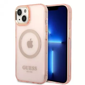 Průsvitné pevné pouzdro Guess Gold Outline Translucent MagSafe pro iPhone 13/14/15 6,1