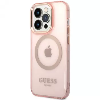 Guess Gold Outline Translucent MagSafe Case for iPhone 14 Pro Max 6.7 inch Pink Hard Case