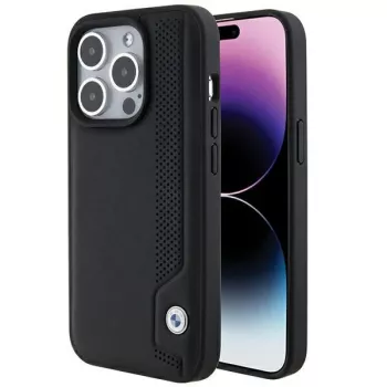 Pevné kožené pouzdro BMW BMHCP15X22RBDK Blue Dots pro iPhone 15 Pro Max 6,7