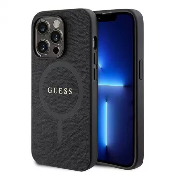 GUESS Saffiano PU pouzdro MagSafe pro iPhone 15 Pro černé