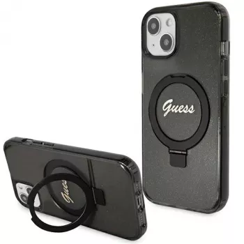 Guess GUHMP14SHRSGSK iPhone 14 / 15 / 13 6.1 inch Black Hardcase Ring Stand Script Glitter MagSafe