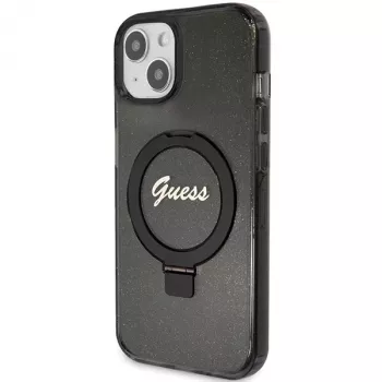 Guess GUHMP14SHRSGSK iPhone 14 / 15 / 13 6.1 inch Black Hardcase Ring Stand Script Glitter MagSafe
