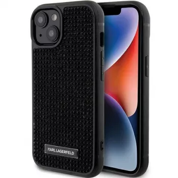 Karl Lagerfeld KLHCP15SHDSPLK iPhone 15 / 14 / 13 6,1 inch černé pevné pouzdro s logem z kamínků a kovovou destičkou