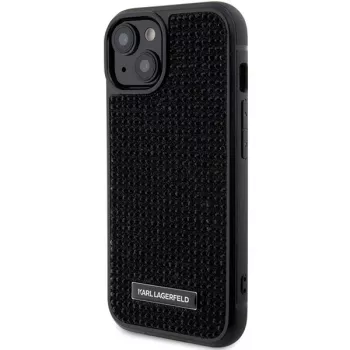 Karl Lagerfeld KLHCP15SHDSPLK iPhone 15 / 14 / 13 6,1 inch černé pevné pouzdro s logem z kamínků a kovovou destičkou
