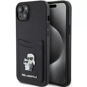 Pevné pouzdro Karl Lagerfeld KLHCP15SSAPKCNPK pro iPhone 15 / 14 / 13 6,1 inch černé Saffiano Cardslot Karl & Choupette Metal Pin