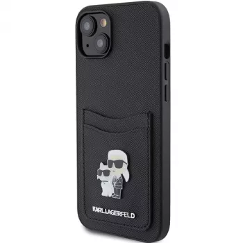 Pevné pouzdro Karl Lagerfeld KLHCP15SSAPKCNPK pro iPhone 15 / 14 / 13 6,1 inch černé Saffiano Cardslot Karl & Choupette Metal Pin