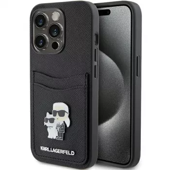 Pevné pouzdro Karl Lagerfeld KLHCP15LSAPKCNPK pro iPhone 15 Pro 6,1 inch černé Saffiano Cardslot Karl & Choupette Metal Pin