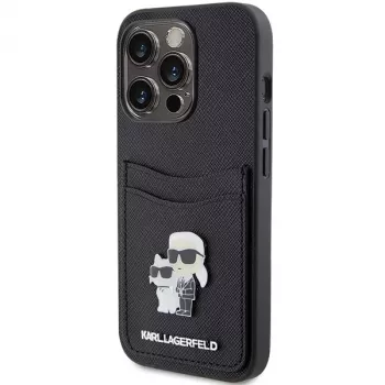 Pevné pouzdro Karl Lagerfeld KLHCP15LSAPKCNPK pro iPhone 15 Pro 6,1 inch černé Saffiano Cardslot Karl & Choupette Metal Pin